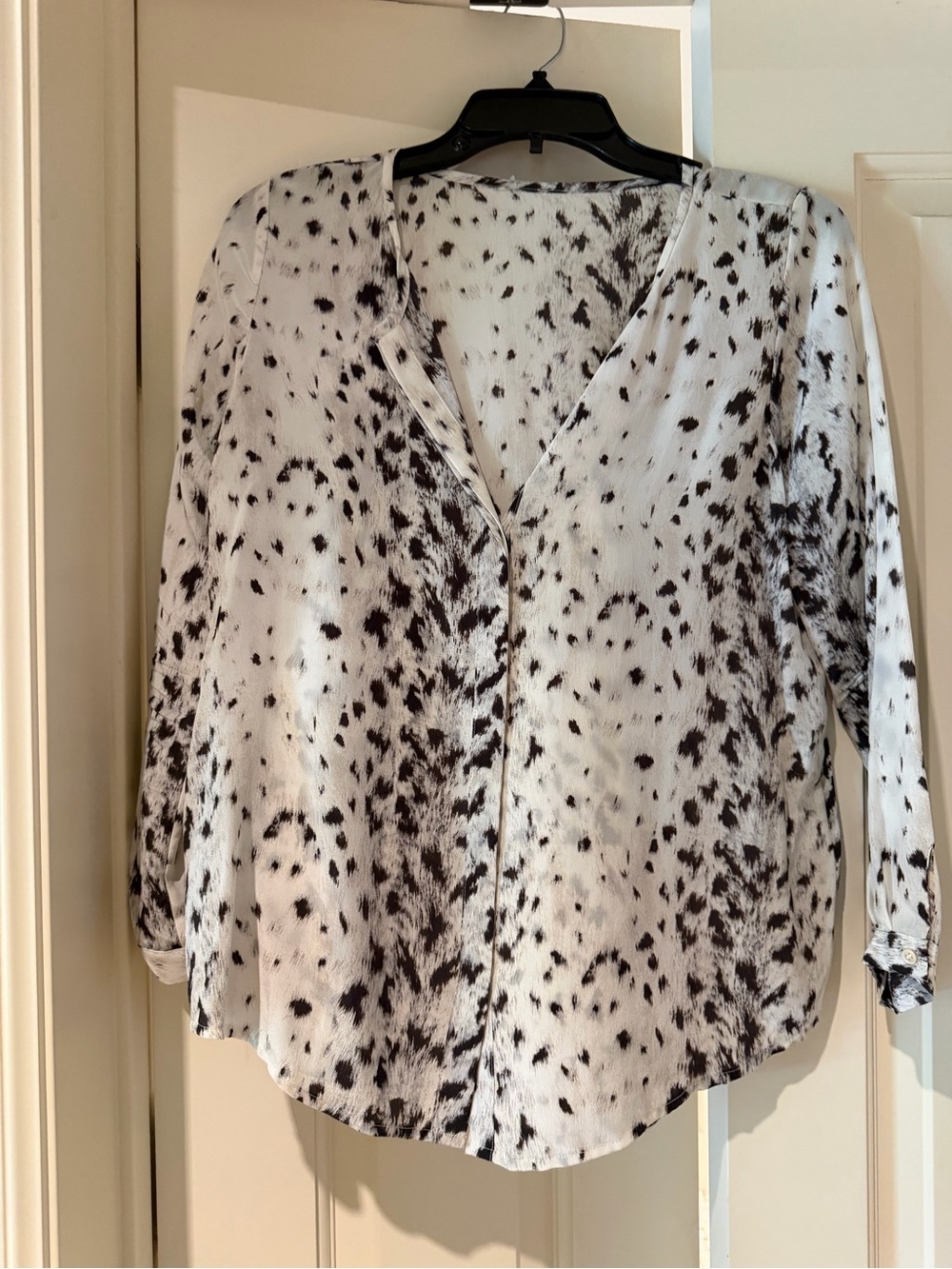 Women's Silk Black and White Spotted V-Neck Blouse